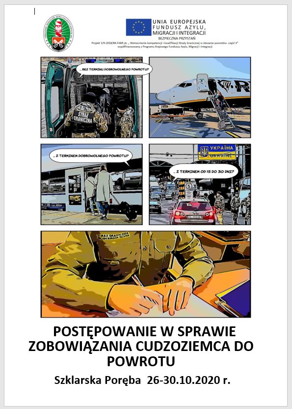Plakat kursu doskonalącego  „Postępowanie w sprawie zobowiązania cudzoziemca do powrotu”.