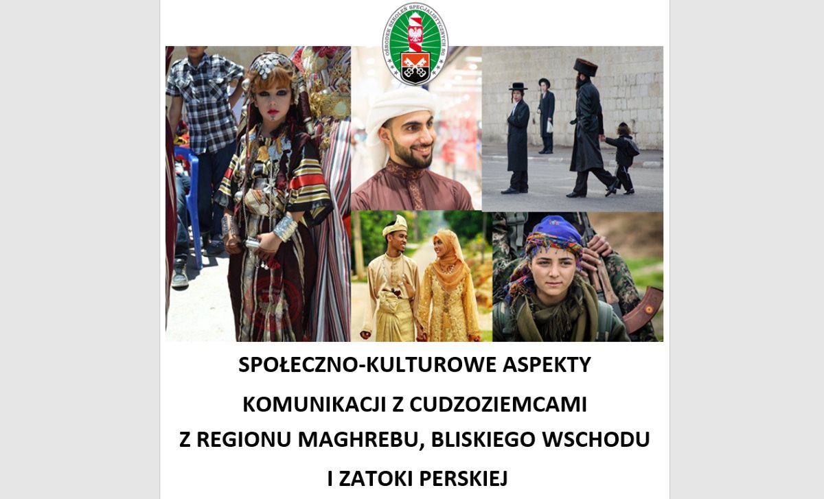Plakat kursu Społeczno-kulturowe aspekty komunikacji z cudzoziemcami z regionu Maghrebu, Bliskiego Wschodu i Zatoki Perskiej.