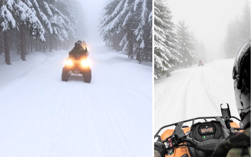Funkcjonariusze Straży Granicznej na pojazdach ATV w terenie leśnym w scenerii zimowej.