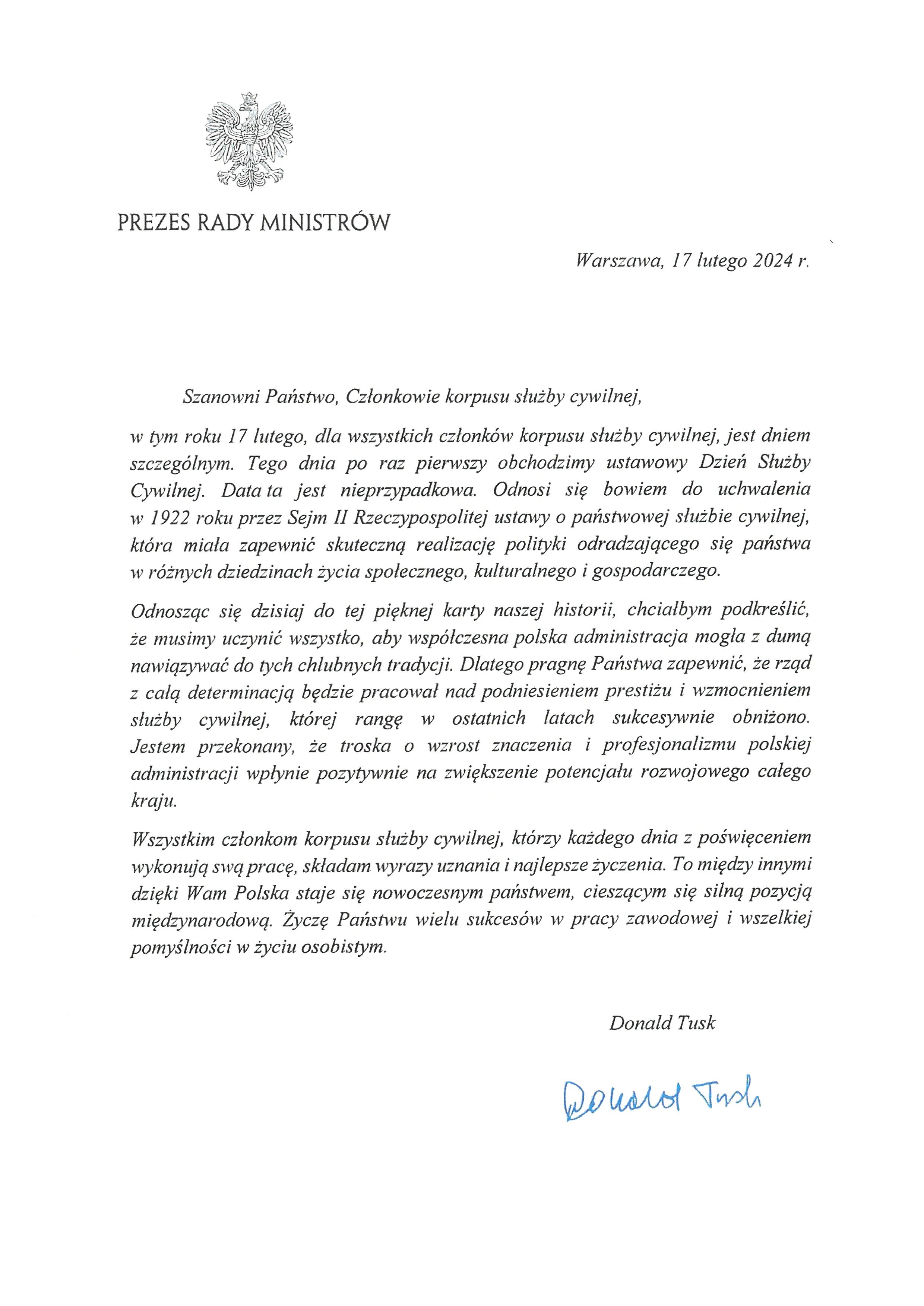 List Prezesa Rady Ministrów z okazji Dnia Służby Cywilnej