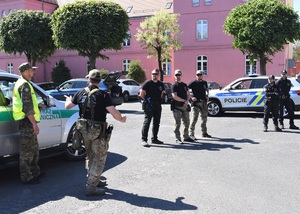 Grupa funkcjonariuszy SG i Policji Czeskiej na terenie Ośrodka w tle samochody służbowe polskich i czeskich służb