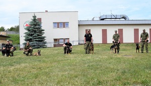 Zdjęcie grupowe 6 funkcjonariuszy SG z psami służbowymi w tle strzelnica OSS SG w Lubaniu