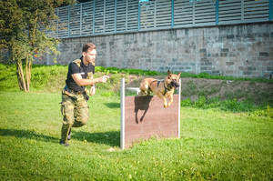 Przewodnik z psem służbowym w trakcie egzaminu