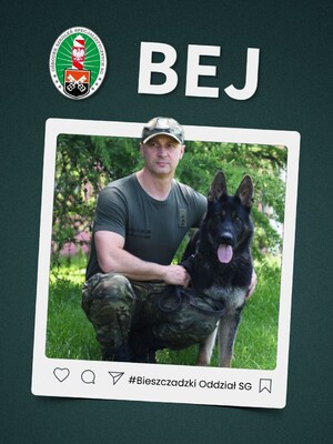 Funkcjonariusz z Bieszczadzkiego Oddziału SG z psem BEJ Funkcjonariusz z Bieszczadzkiego Oddziału SG z psem BEJ