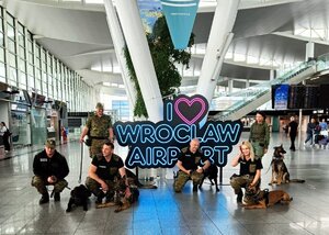 Szkolenie psów specjalnych Funkcjonariusze SG z psami służbowymi na lotnisku we Wrocławiu